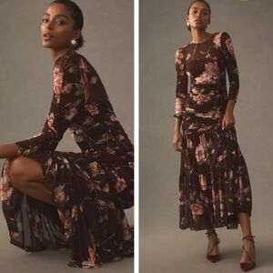 Anthropologie Floral Maxi Dress - Brown and Pink